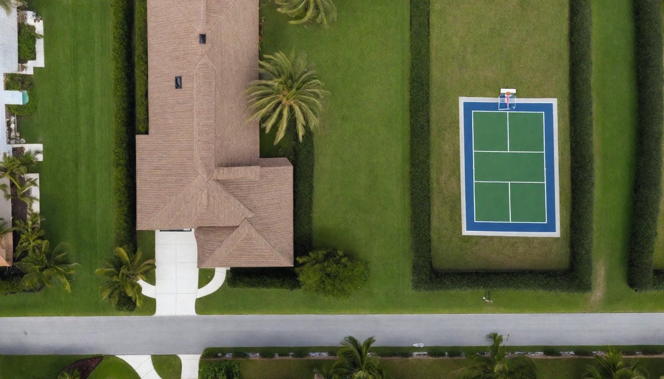 After, from above: a blue pickleball court, a pool with floats, orange umbrellas and a paver fire-pit circle laid out on the lawn beside the home