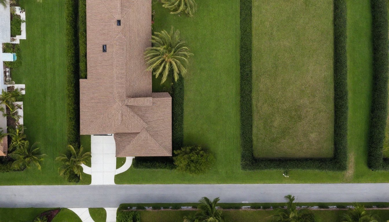 Before, from the same aerial angle: the identical lot as plain green lawn beside the same roof and fence, nothing built yet